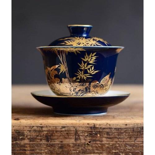 Chinese Exquisite Sancai Cover Bowl Teacup Hand Painted Gold Enamel Ceramic Kung Fu Tureen Tea Set Accessories