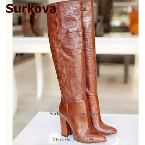 Surkova Brown Crocodile Pattern Chunky Heel Knee Boots Pointed Toe Snakeskin Square Heel Dress Boots Fall Winter Outdoor Shoes