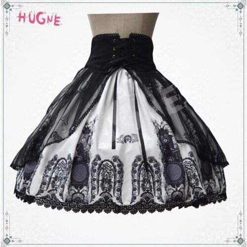 Hugne Retro Style Church Printed Punk Lolita Skirt Short Gothic Skirt with Lace up Waist