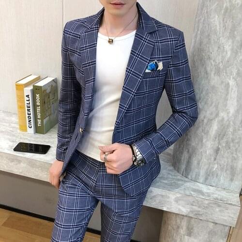 2 Pieces Suits Set Men Korean Style Design Fashion Male Plaid Blazers Coat Pants Spring Slim Fit Wedding Dress Jacket Trousers