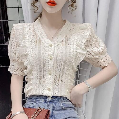 Lace lace V-neck short-sleeved blouse ladies summer new style Western style all-match hollow casual shirt women
