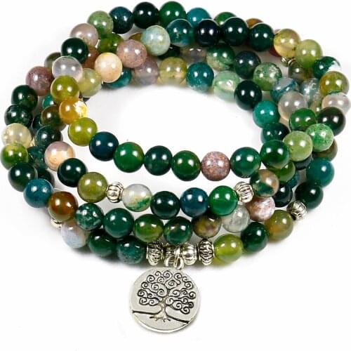 Fashion Design Women`s 108 Buddha Beads Yoga Mala Bracelet Indian Onyx Natural Stone Tree of Life Charm Wrap Bracelet Men
