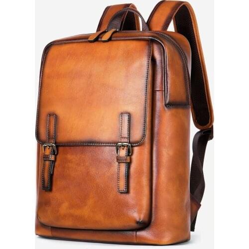 Mens Genuine Leather 14 Inch Laptop Business Backpack Brown High Quality Cowhide Skin Leather Travel Back Bag Fashion Backpack