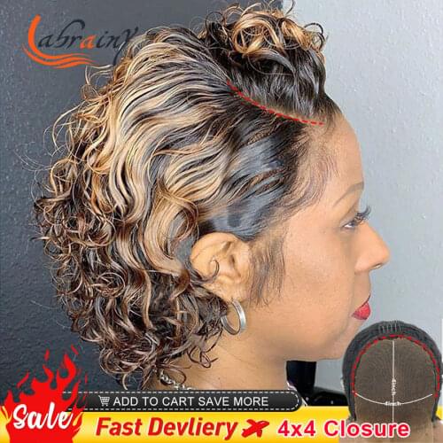 4x4 Closure Kinky Curly Pixie Bob Transparent Lace Frontal Human Hair Wig Shot Ombre Honey Blonde Colored Lace Front Wigs Woman