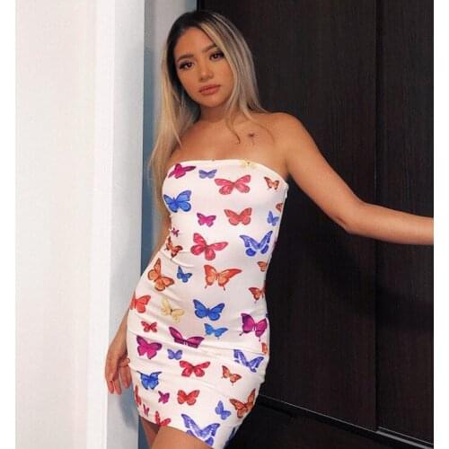 Sexy Butterfly Print Strapless Short Summer Womens Dress Sexy Streetwear Gentlewomen Slim Chest Wrapping Pencil Ladies Dresses