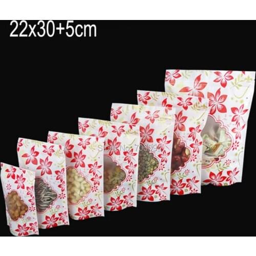 22*30+5cm(8.7''*11.8'') 100PCS Wholesale Flower printed Plastic Window Bag Stand Up Zip Lock Bag Plastic snack Packing Bag