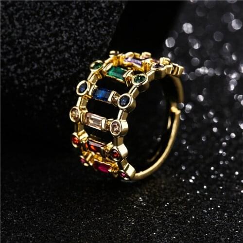 Rainbow Color Crystal Cubic Zircon Geometric Ring For Women Girl Open Design Adjustable Size Party Ring Femme Bijoux