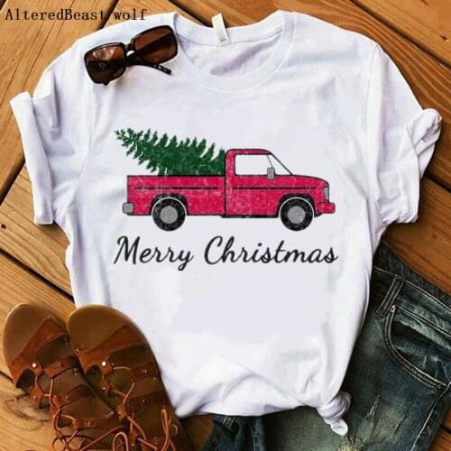 Merry Christmas t-shirt women christmas tree truck print clothes female t shirt harajuku short sleeve women vogue funny t shirt