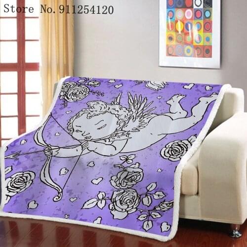 Sherpa Fleece Throw Blanket Angel with Wing Rose Love Printing Soft Blanket Kids Travel Sofa Bed Warm Bedding Large Bedspread
