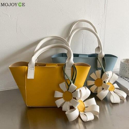 Vintage Women Design Luxury Hand Bag Female Travel Flower Pendant Solid Color PU Top-Handle Shoulder Messenger Bag