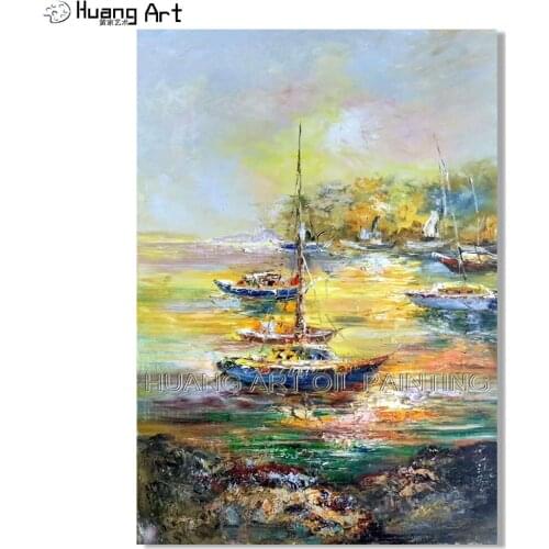 High Quality Hand Painted Abstract Sunrise Seascape Thick Oil Painting on Canvas Knife Sailing Landscape Pop Boat Oil Painting