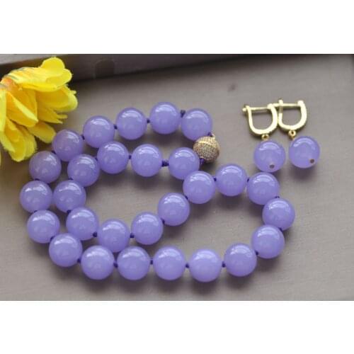 Z10999 17" 14mm Round Lavender Jade Jade Necklace Earring CZ