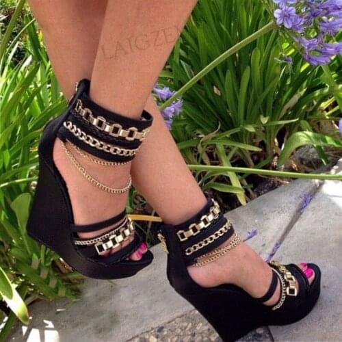 SEIIHEM Women Platform Wedges Pumps Gold Metal Chain Open Toe Black Faux Leather Sandals Ladies Shoes Woman Big Size 42 43 45