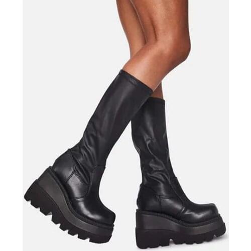 RIBETRINI Big Size 40 Female Platform Mid Calf Boots Chunky Punk Autumn Women Boots 2020 Casual Stylish Brand Shoes Woman