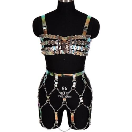 Laser Handcrafted Sexy Caged Bra Vest Leather Women Harness Bondage Chest Lingerie Gothic Adjustable Sling Cage Chain Dress