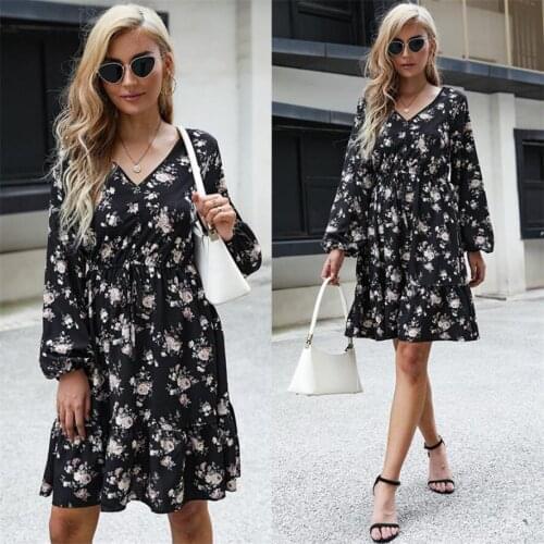 Women Autumun V Neck Dress Ruffles Chiffon Floral Print Dress Female Sexy Short A Line Party Vestidos 2021