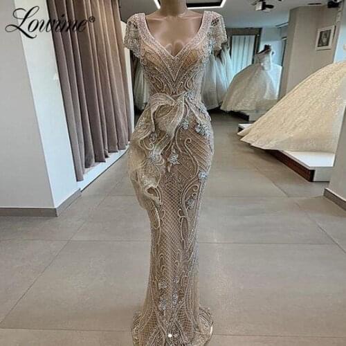 Vestidos De Fiesta 2020 V Neck Party Dress Formal Mermaid Beaded Evening Gowns Short Sleeves Robe De Soirée De Mariage