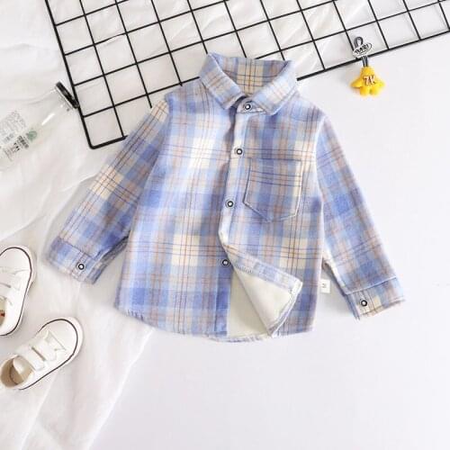 Winter Boys Shirt New Plaid Cartoon Kids Long Sleeve Shirts Children Cotton Clothes Baby Boys Girls Thicken Blouses Velvet Tops