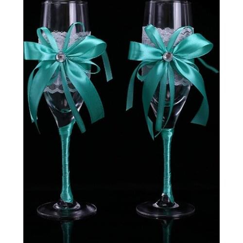 1 Pair/Lot green ribbon wedding Champagne Toasting Glasses Set for wedding decoration