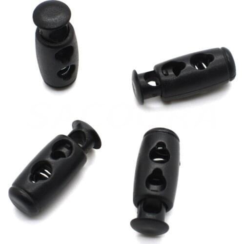 10pcs/pack 2 hole Cord Lock Cylinder Barrel Toggle Stopper Plastic Black Size: 23mm*9mm toggle clip