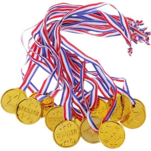 12Pcs Plastic Gold Tone Winner Award Medals School Supplies Kids Toy Photo Props