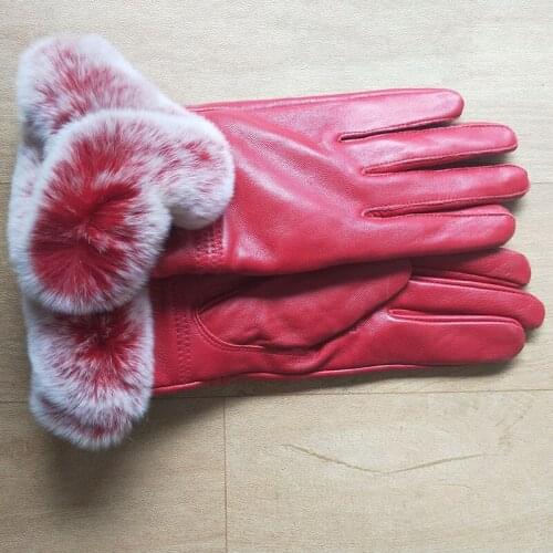 2019 Winter Warm Genuine Lamb Sheep Leather Glove Real Rex Rabbit Fur Cuff Female Fashion Real Leather Gloves Women Warm Glove