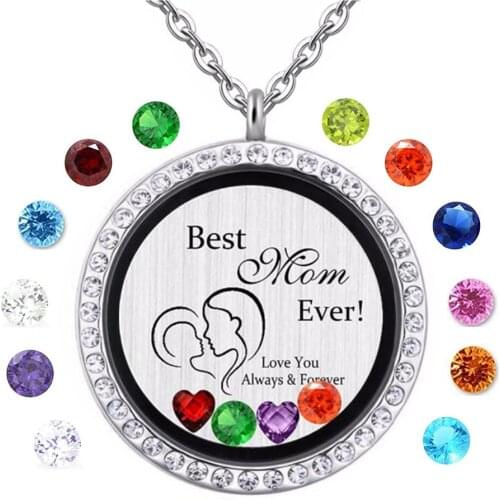 30mm floating memory locket With birthstones charm pendant necklace Jewelry Gift for Mom