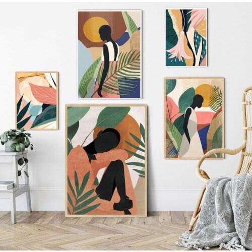 Abstract Black Girl Plant Vintage Wall Art Canvas Painting Nordic Posters And Prints Wall Pictures For Living Room Boho Decor