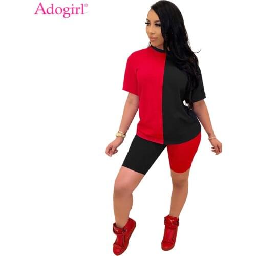 Adogirl Color Patchwork Women Casual Two Piece Set Tracksuit O Neck Short Sleeve T Shirt Top and Shorts Summer Fashion Suit