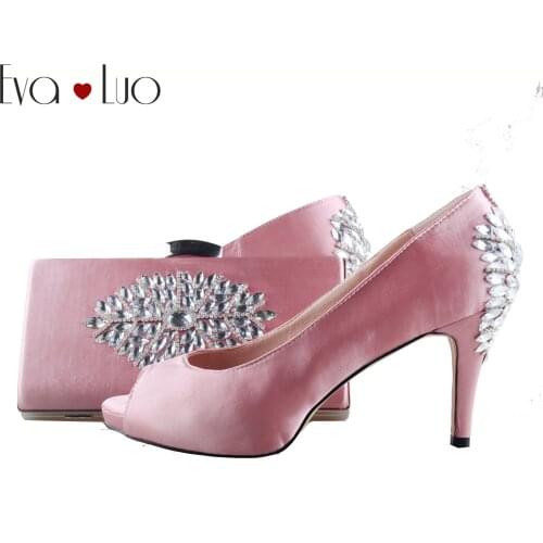 BS1051 Custom Made Rose Pink Crystal Shoes With Matching Bag Peep Toe High Heels Women Shoes Dress Pumps Bridal Wedding Shoes