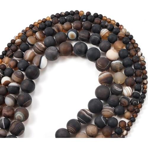 1strand 4-12MM Natural Matte Coffee Brown Stripe Agates Beads Frosted Round Loose Beads DIY Jewelry Making For Bracelet
