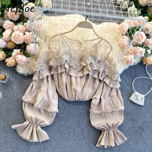 Neploe Elegant Mesh Patchwork Ruffles Chiffon Shirt O Neck Pullover Puff Long Sleeve Blusas Spring 2021 New Loose Shirt Feminino