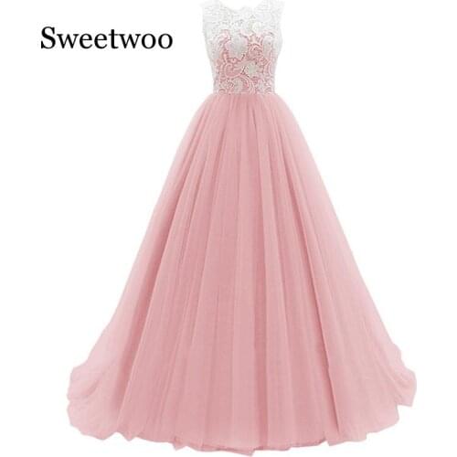 Elegant Lace Long Dress O-neck Sleeveless Party Gowns for Womens Applique Illusion Tulle party Wear Dress