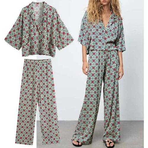 Klkxmyt Za 2021 Women 2 Piece Set Female Vintage Print Shirts Set Casual Blouse Tops + High Waisted Pants Set Woman Outfit Suit