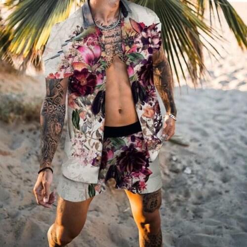 Mens Fashion Hawaiian Print Set 2021 Summer Mens Turndown Collar Short Sleeve Shirt Holiday Beach Shorts Suits Two-Piece S-3XL