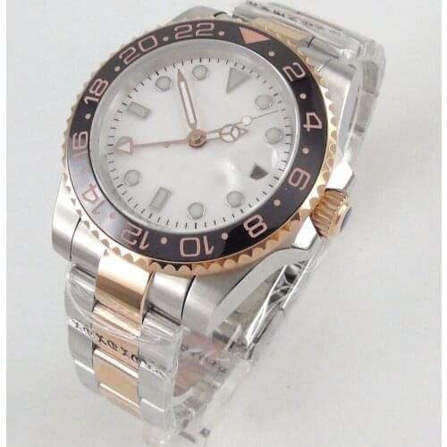 40mm Automatic Men Watch Black Ceramic Bezel Brushed Oyster Strap Rose Gold Plated GMT Sapphire Glass Screwdown Crown