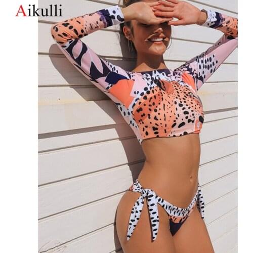2021 New Long Sleeve Surfing Swimsuit Women Bikini Sexy Leopard Print Push Up Two Piece Swimwear Summer Bath Suit Swim Beachwear