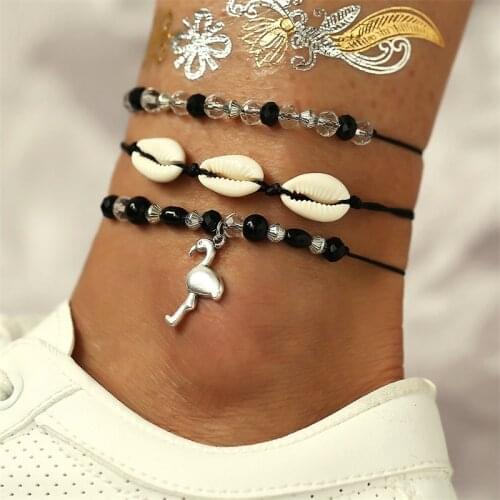 New style Anklet creative fashion shell Flamingo Pendant Black Bead Anklet set 3 pieces