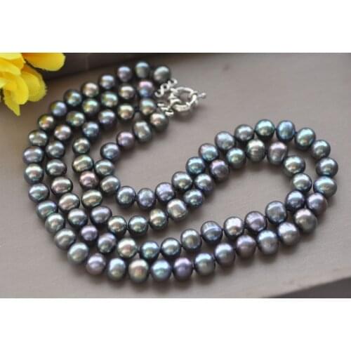 Z11044 2Row 17" 10mm Peacock-Black Round Freshwater Pearl Choker Necklace