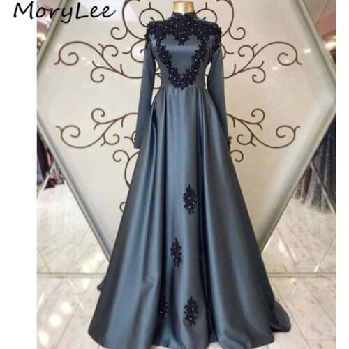 Prom Dresses Long Sleeves High Neck Satin Lace Applique Crystal Prom Dresses With Zipper Back vestidos de fiesta de noche