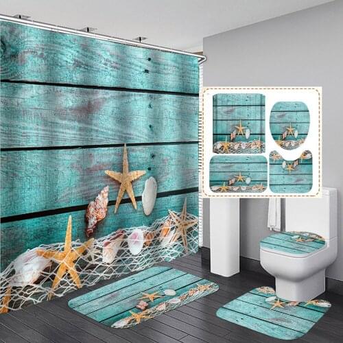 Bipoobee Beach Fabric Shower Curtain Conch Starfish Shell Bathroom Curtain Anti Slip Pedestal Rug Lid Toilet Cover Bath Mat Set