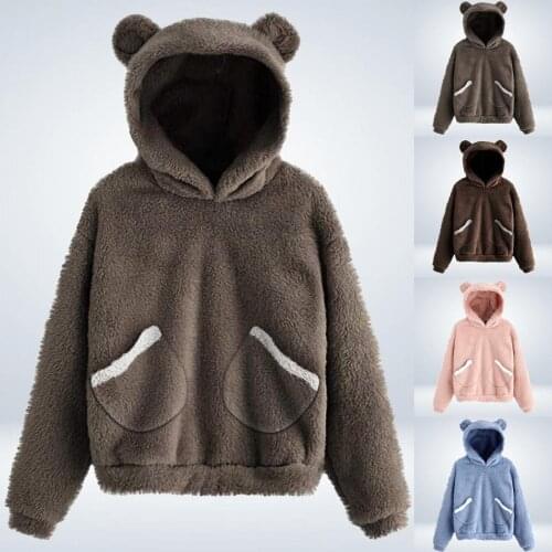Fluffy hoodies Women kawaii Sweatshirt cute bear ear cap Autumn Winter Warm pullover Long Sleeve outwear Fleece coat moletom New
