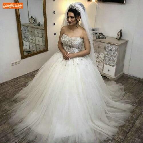 Luscious Bling Crystal Wedding Dresses 2020 Beaded Puffy Tulle Ball Gown Long Bridal Dress Sweetheart Custom Made Wedding Gowns