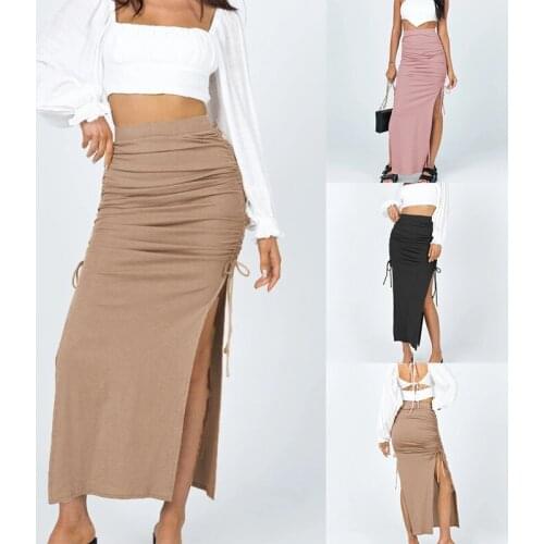 Sexy High Waisted Ruched Skirts Women Summer Charm Split Long Skirt Slim Party Bodycon Skirt