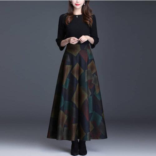 Woolen Printed Long A- line Skirt Long Large Hem High Waist Skirt Woman Skirts Mujer Faldas Saias Mulher