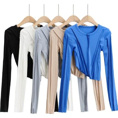 TVVOVVIN 2021 Spring New Irregular Thread Pressing Sexy Long Sleeve Skinny T-shirt Womens O-neck Elastic Short Tops 25YE