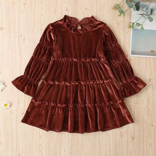 0-6Yrs Children Girls Velvet Dress Spring Infant Kids Turtleneck Brown Pleated Clothing Outfits