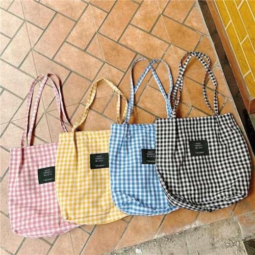 Vintage Plaid Women Canvas Shopping Bags Female Thin Strap Cloth Handbags Student Girls Travel Casual Tote Large Shoulder Bag