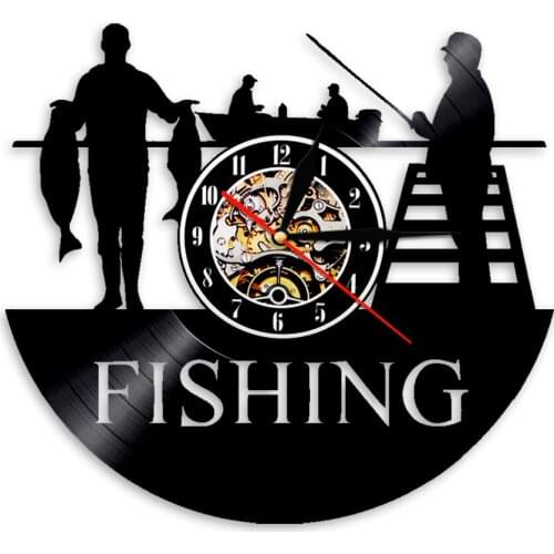 Go Fishing Sign Fishing Rod Fish Hook Modern Silhouette Wall Clock Fishermen Decorative Vinyl Record Wall Clock