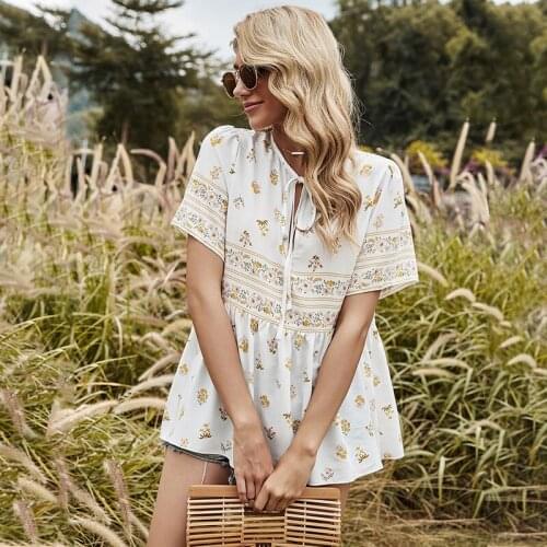 Spring Sweet Print Blouses Women Casual Short Sleeve White Lace Up Floral Blouse Shirt Top for Women 2021 New Summer Blouse